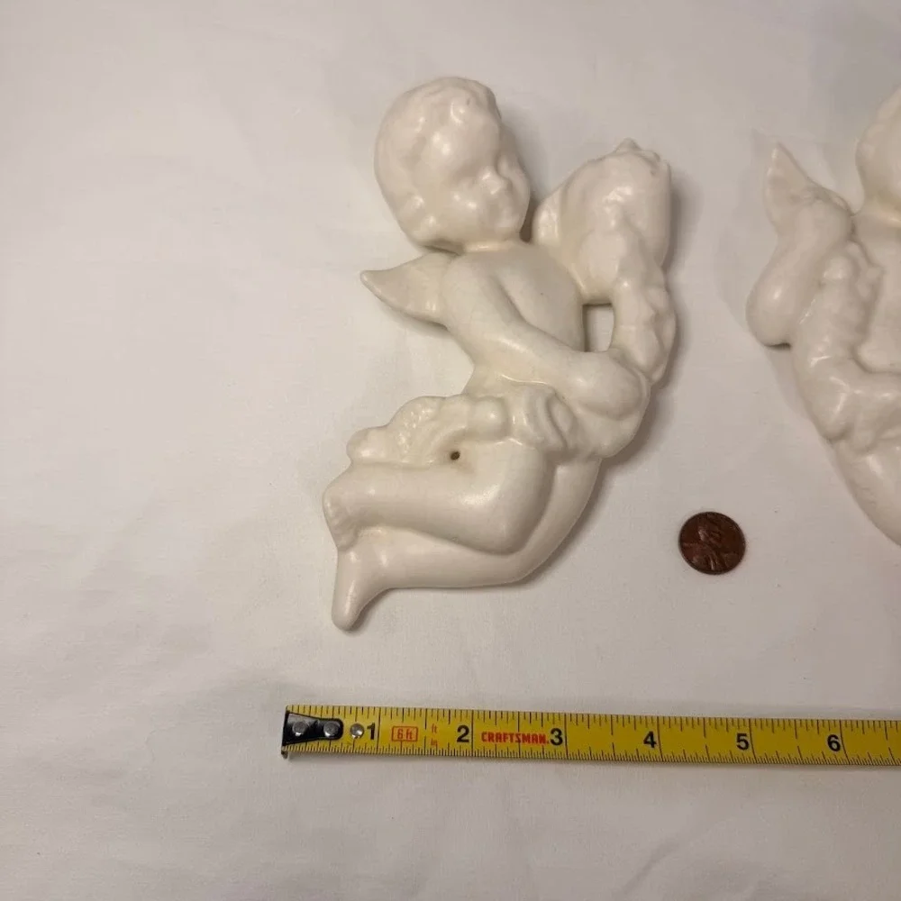 Vintage Ceramic Cherub Wall Hanging Pair Cream Angel Garland Set 7 Inch Cherubim